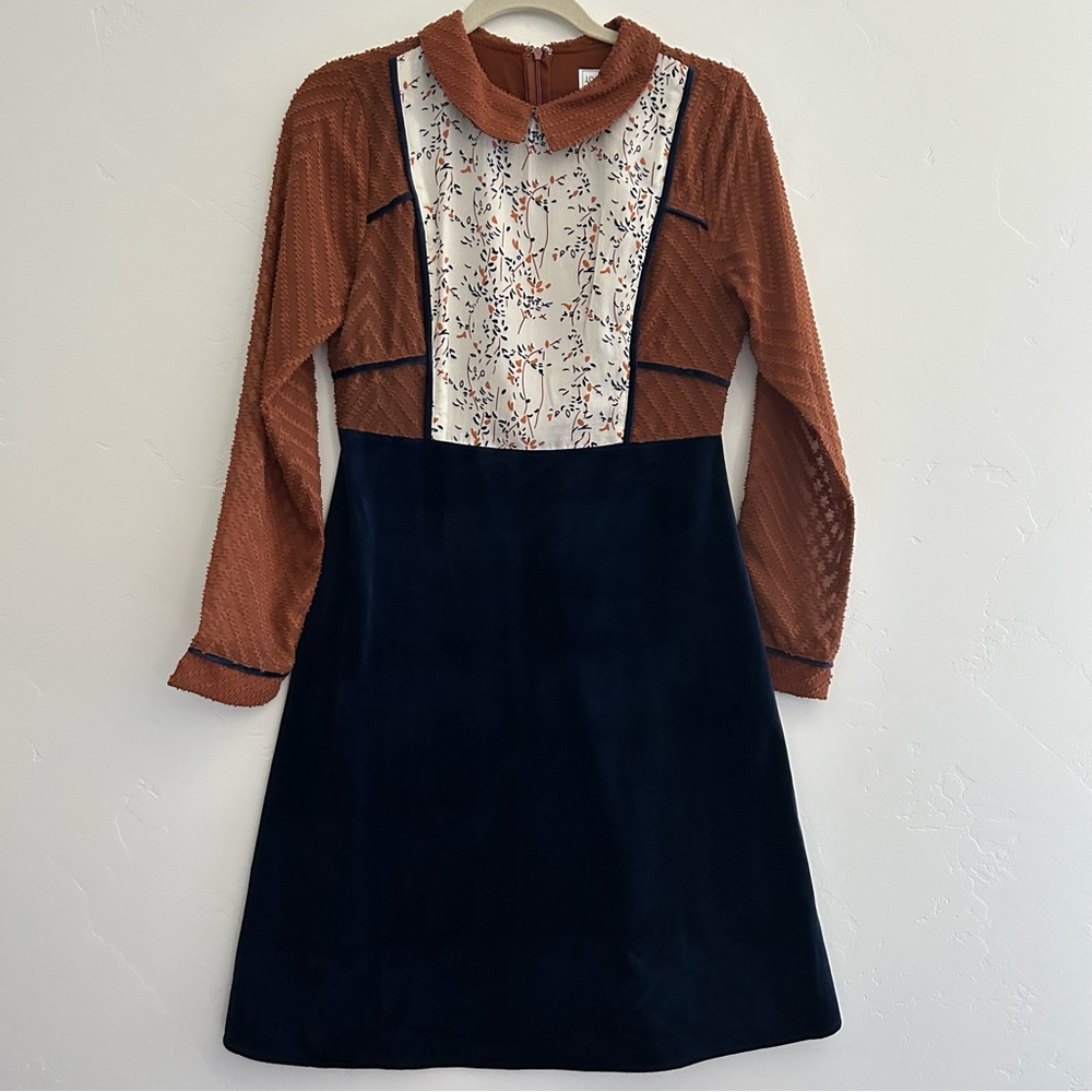 Women's Long Sleeve Two-Tone A-Line Dress in Rust and Navy